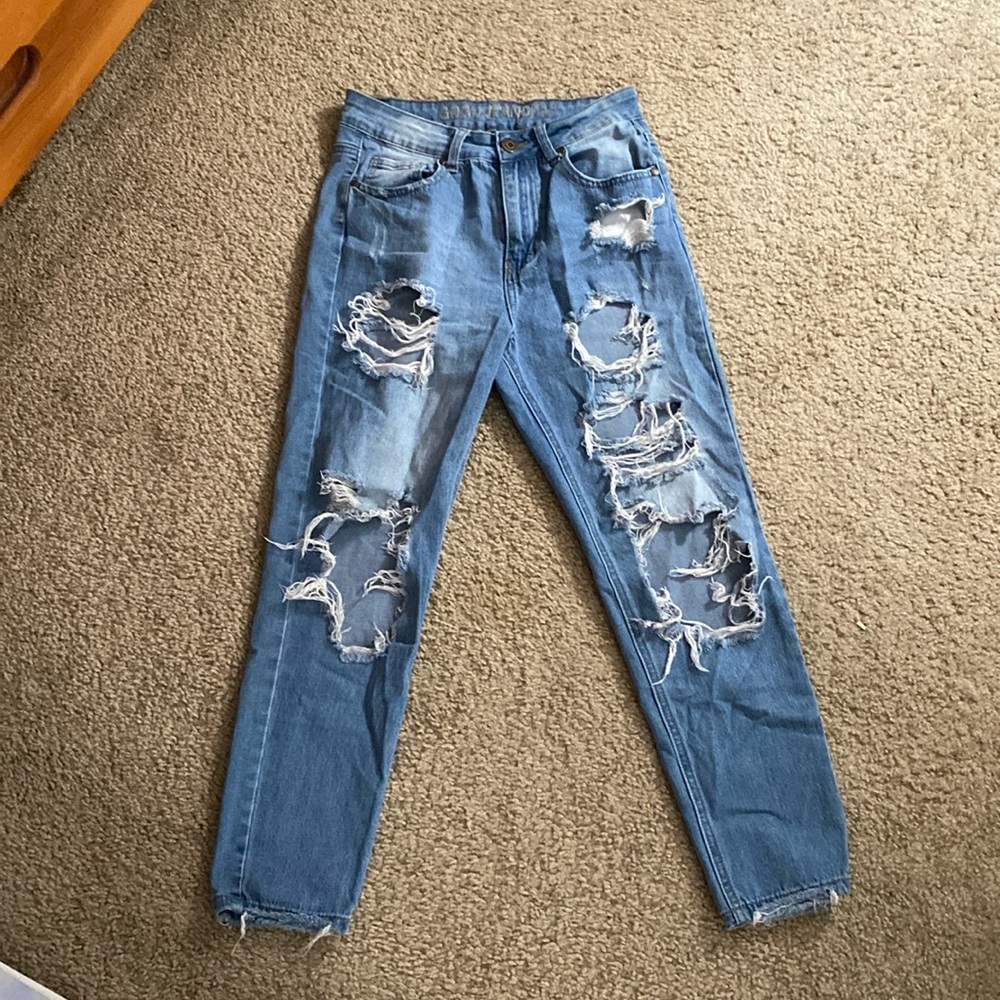 high rise ripped skinny/striaght leg gogo jeans